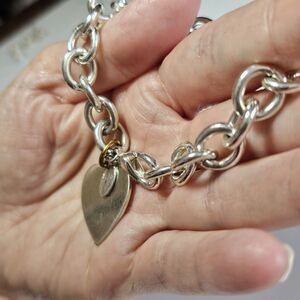 Cookie Lee Big Link Dangle Heart Charm Starter Bracelet 7.5" Silver Plate